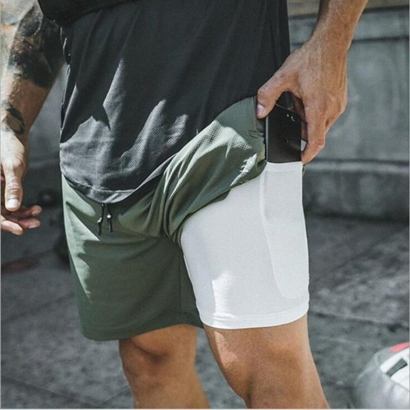 Men 2 in 1 Running Shorts Security Pockets